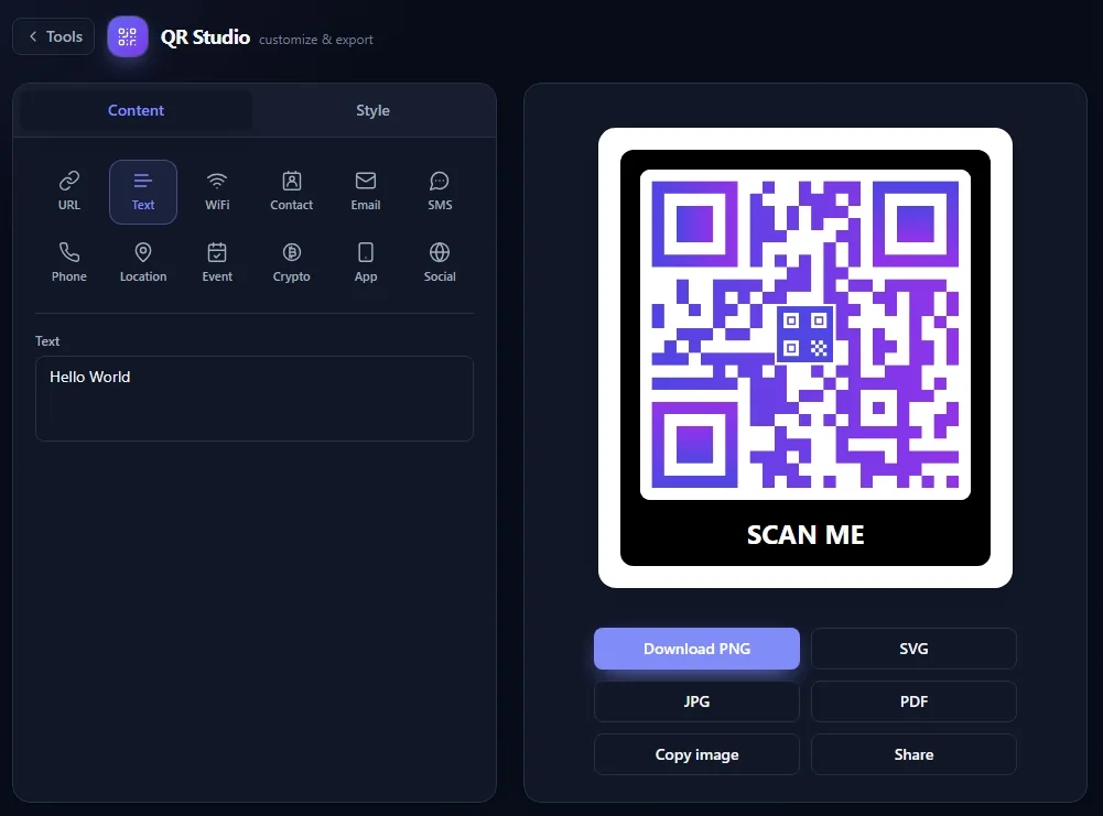 The QR Studio editor: content tab with 12 data types on the left, a purple gradient QR code with a SCAN ME frame and PNG/SVG/JPG/PDF export buttons on the right