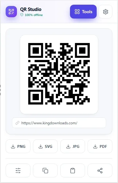 The QR Studio popup showing an instant QR code for the current tab with PNG, SVG, JPG and PDF download buttons