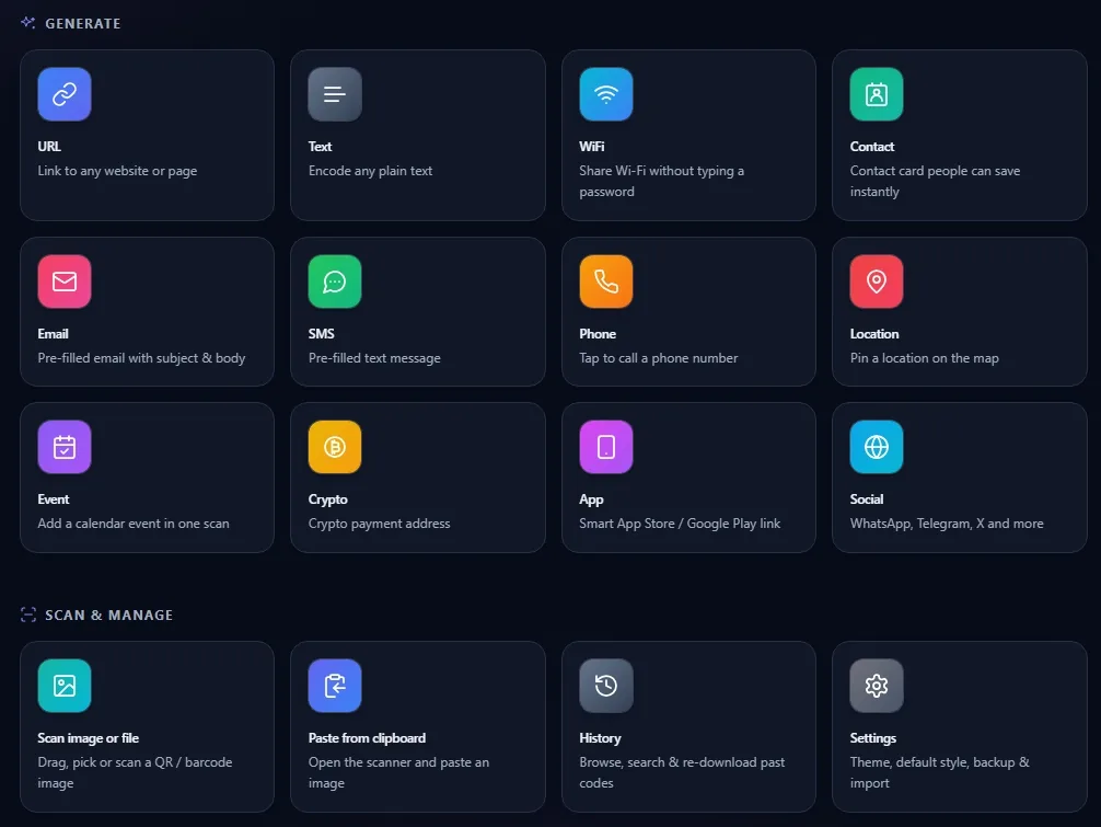 The QR Studio tools hub listing twelve generator tiles and four scan-and-manage tiles